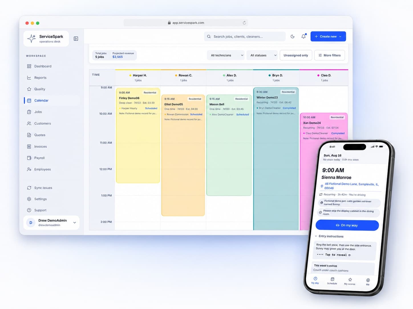 ServiceSpark scheduling calendar and the My Day crew app showing a cleaner's next stop