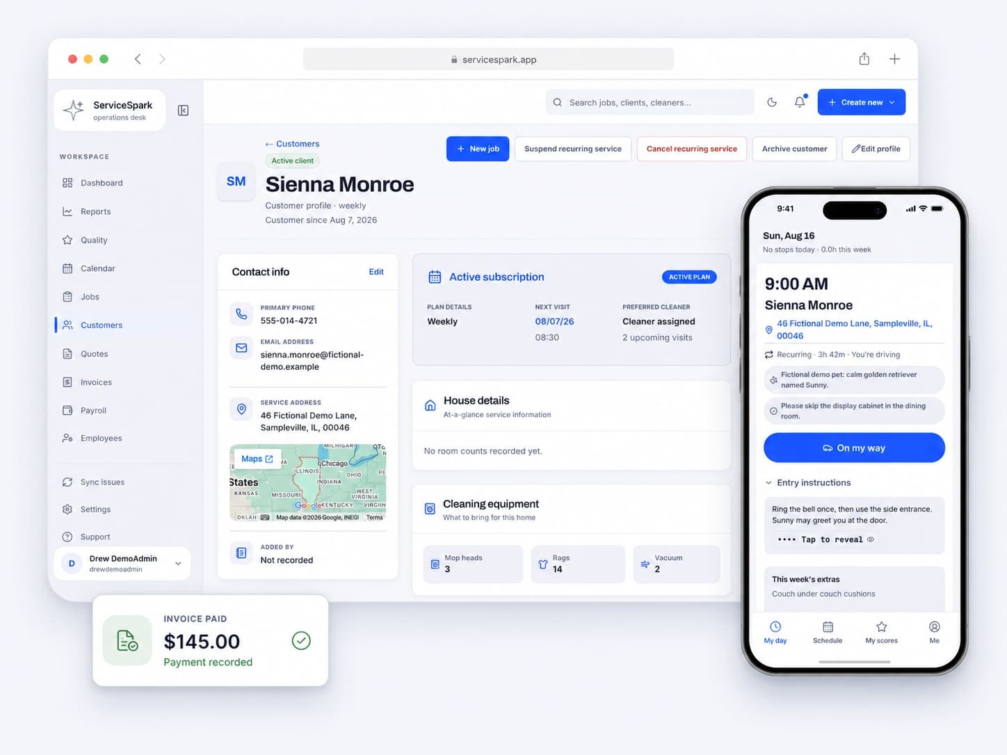 A ServiceSpark customer profile, the My Day crew app, and a recorded invoice payment